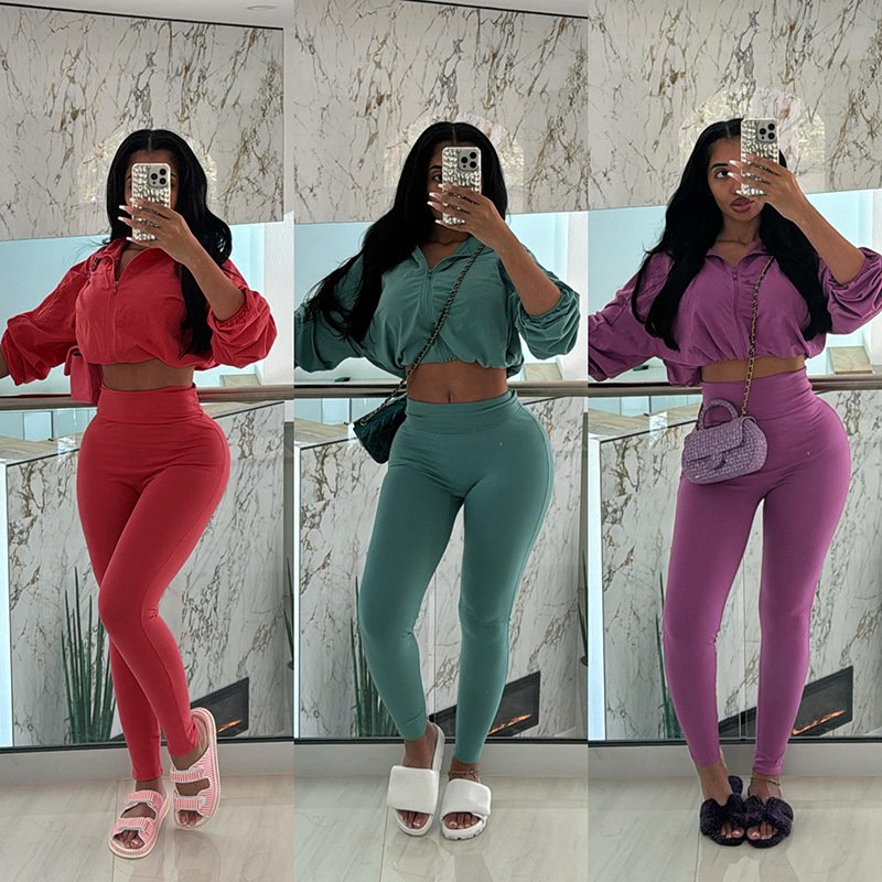 2024 Fall Women's Sexy Crop Top and High Waist Tight Pants Solid Set Drawstring Waist Two Piece Sweatpants Set Women