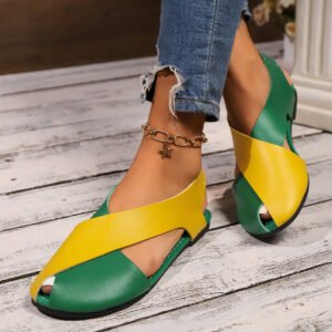 2024 new color female Baotou side empty flat cross soft leather elastic large size sandals