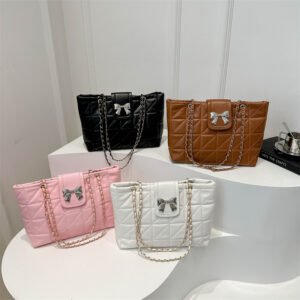 2024 New Fashion Woman Tote Bags Large Capacity Woman Handbags Zipper PU Leather Diamond Lattice Woman Bags with Bow