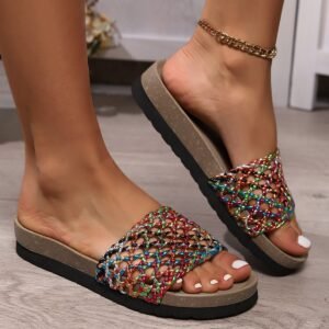 2024 sandals summer new thick bottom mesh color matching round head one word women's large size sandals