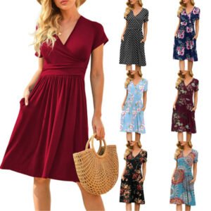 2024 Women Summer Bohemia A-line Dress Short Sleeve V-neck Pocketed Dresses Knee Length Lady High Waist Casual Dresses