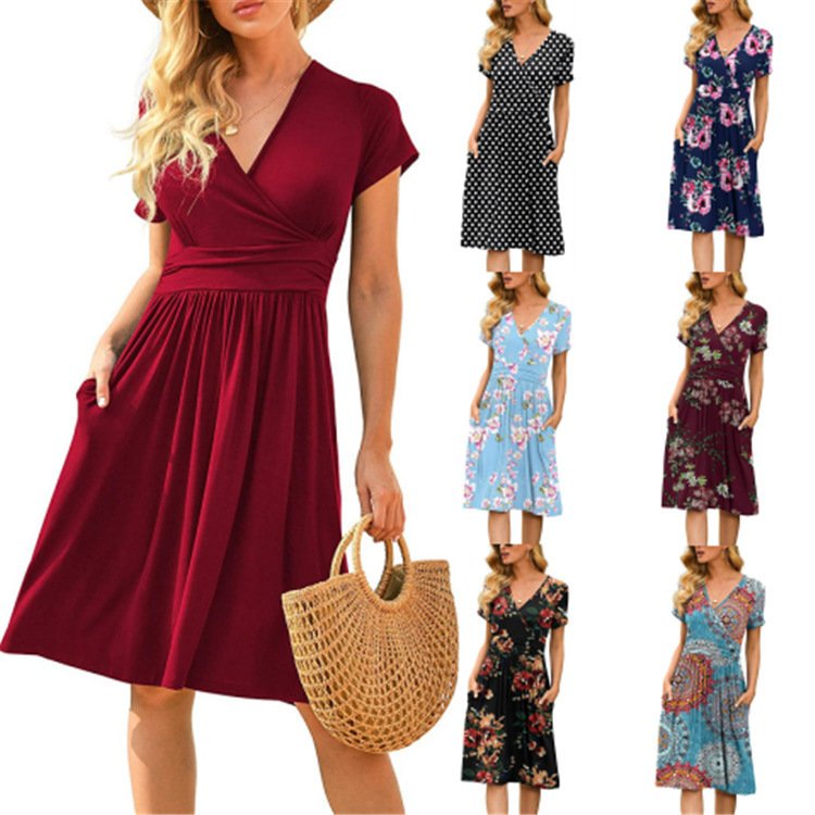 2024 Women Summer Bohemia A-line Dress Short Sleeve V-neck Pocketed Dresses Knee Length Lady High Waist Casual Dresses
