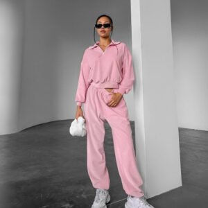 2024 Women's Sports Hoodie Set Solid Pink POLO Top and Trousers Knitting Casual Two-Piece Crop Sweatsuit Sets Women