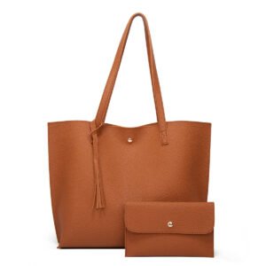 2pcs set pu leather solid color tassels large capacity hand bags ladies shopping shoulder tote bag