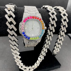 3PCS Hip Hop watch gift set Jewelry Sets Iced Out Watch man Diamond watches Necklace Bracelet set Cuban Chains Gold Wristwatches