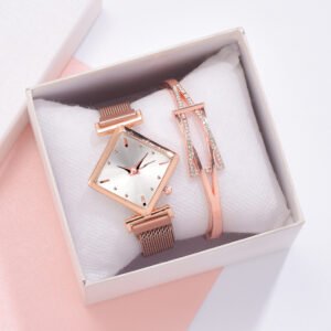 3pcs/set Women Watches Bracelet Set Square Dial Rose Gold Magnet Watch Dress Ladies Watch Wristwatches Luxury Quartz Clock