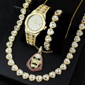 4 pcs/set Bling Gold Watch Necklace Bracelet set Hip Hop Watches gifts set Miami Curb Cuban Chain Iced Out Watches Jewelry gift