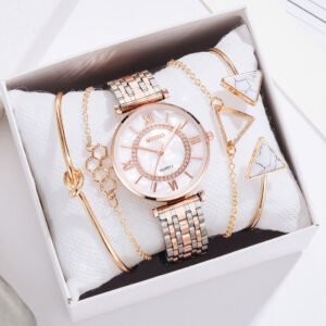 6PCS Set with box Watch Woman Luxury watch set for women Diamond Rose Gold Ladies Wrist Watches Bracelet Female Clock Gift
