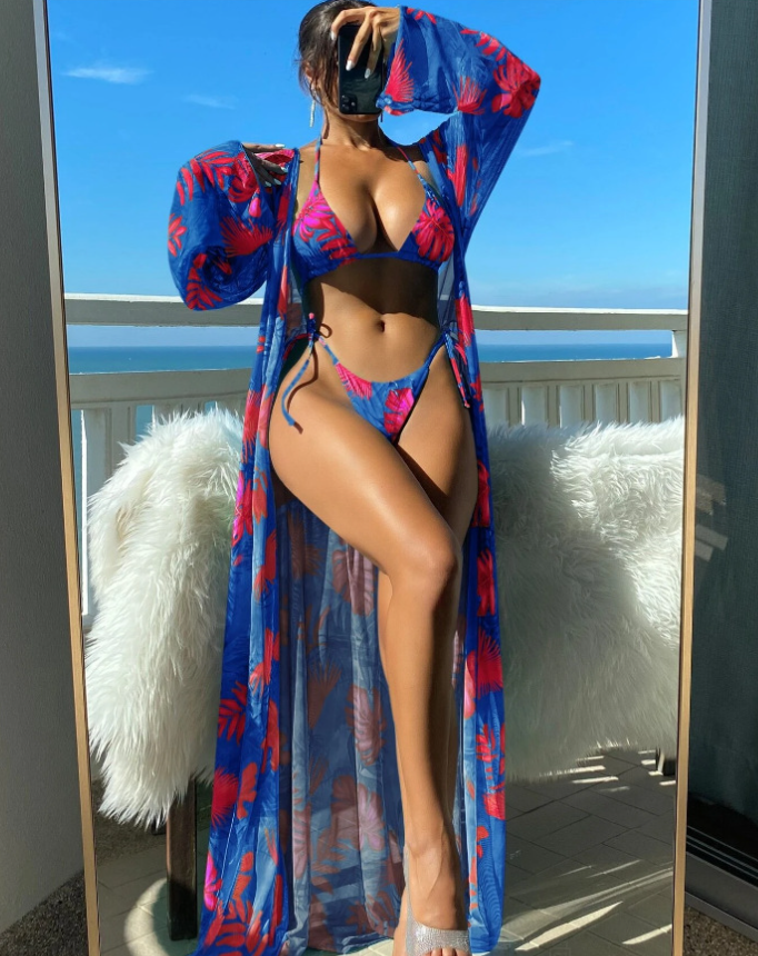 8Colors Ties Details Sexi Lady Basic Bikini Set Long Beach Kimono Print 3Pieces set Swimwear