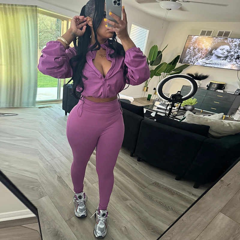 2024 Fall Women's Sexy Crop Top and High Waist Tight Pants Solid Set Drawstring Waist Two Piece Sweatpants Set Women
