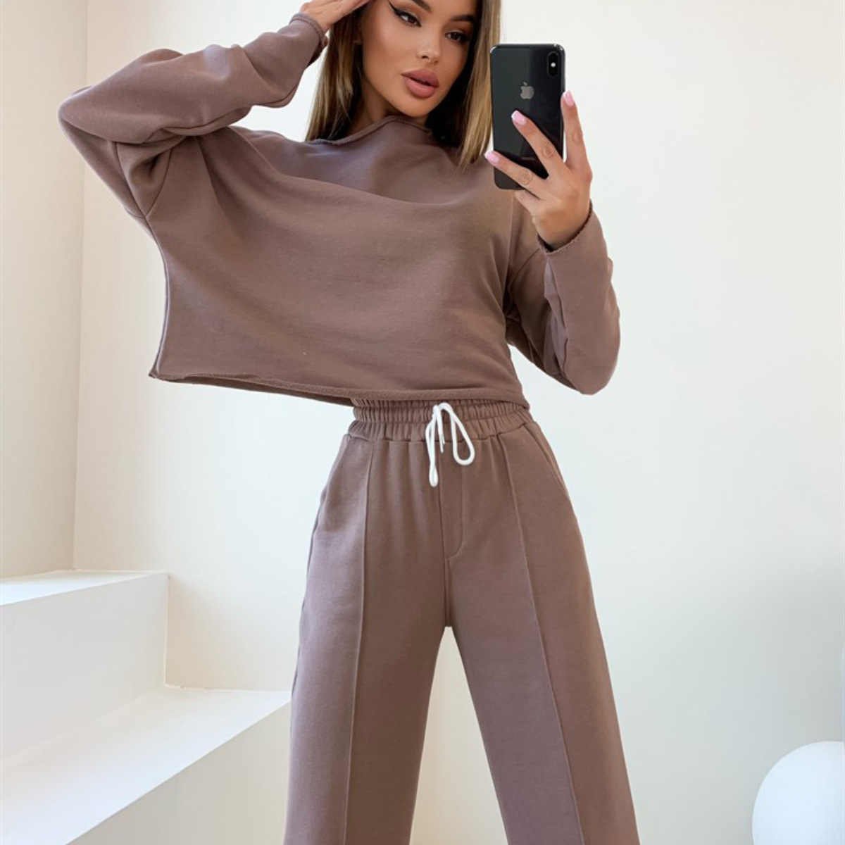Autumn Fashion Casual Two-Piece Sets For Women Loose Custom Logo Long Top And Sweatpants Outfits Office Fitness Streetwear