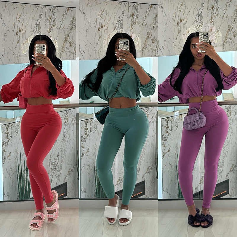 2024 Fall Women's Sexy Crop Top and High Waist Tight Pants Solid Set Drawstring Waist Two Piece Sweatpants Set Women
