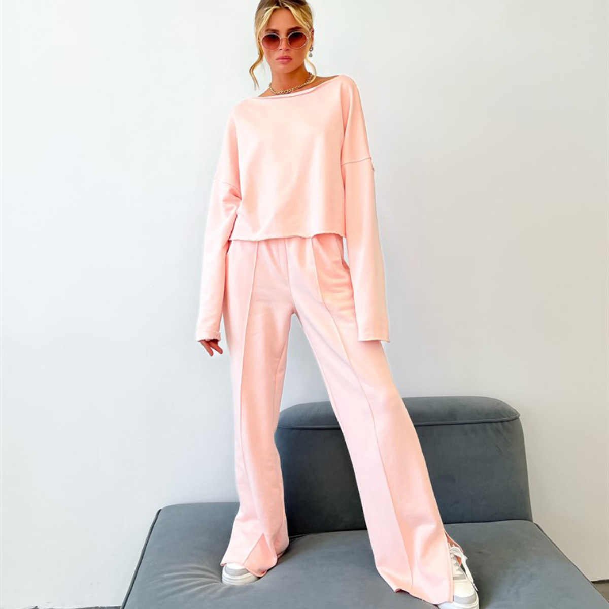 Autumn Fashion Casual Two-Piece Sets For Women Loose Custom Logo Long Top And Sweatpants Outfits Office Fitness Streetwear