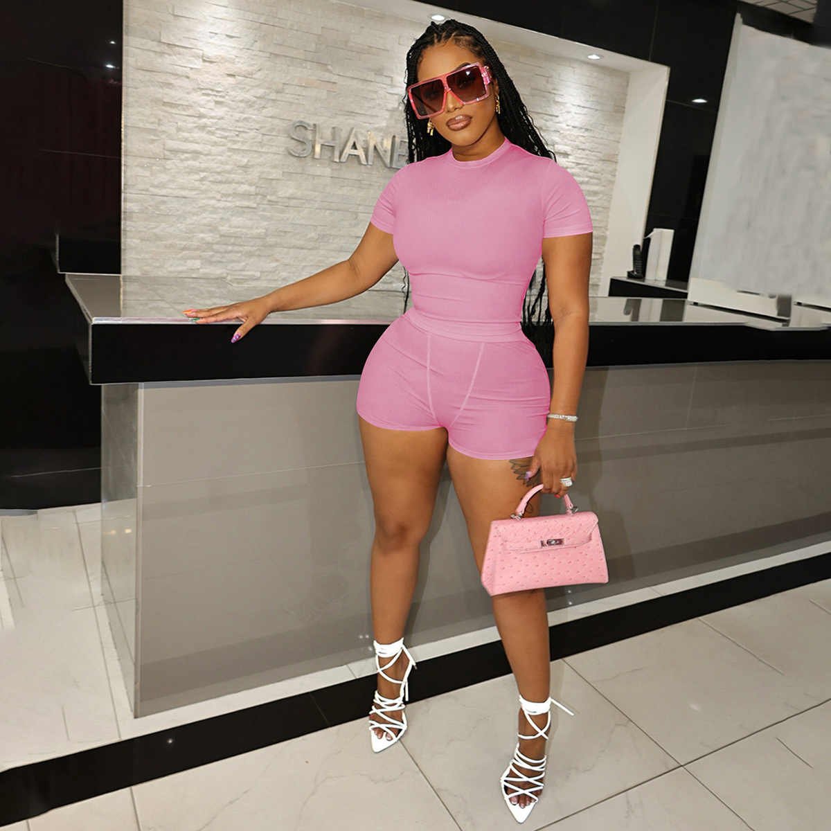 New knitted short set for women tracksuit for girls in summer ribbed lounge wear 2 pcs set