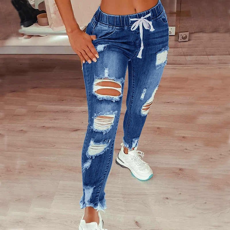 Custom Jeans Mujer Stylish New High Quality Ladies Stretch Skinny Blue Denim Pants Ripped Distressed Women Jeans