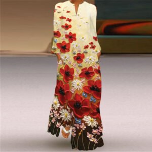 African Casual Floral Print Dress Women V-neck Pocketed Long Sleeve Summer Loose Maxi Dress