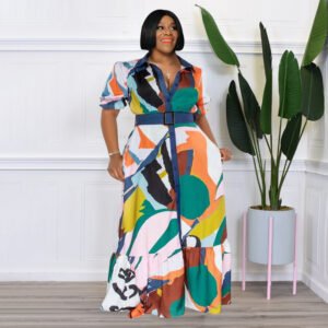 African Women Plus Size Shirt Dress Lapel Single Breasted Belted Overall Painting Maxi Summer Plus Size Dresses