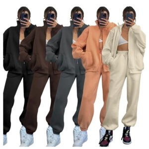 Autumn and winter solid color stand collar cardigan 2 piece set women long sleeve and wide leg pant