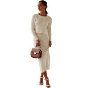 Autumn custom fashion 3-color long sleeve sweater skirt knit split long skirt two-piece set
