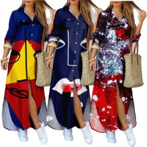 Autumn Long Single Breasted Dress Digital Print Shirt Dress Plus Size 4XL 5XL Vestido Women Pocketed Elegant Casual Dress New