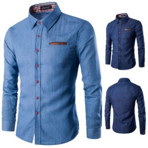 Autumn Men's Casual Slim Long Sleeve Shirt with Pocket Breathable Knitted Denim Polo Sustainable Men's Polo Shirts