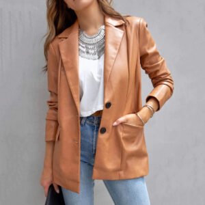 Autumn Spring Long Sleeve Jacket SolidPU Leather Blazer Top Women Double Button Casual Leather Coat