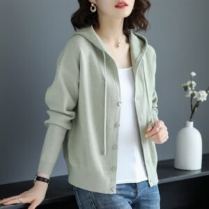 Autumn Spring Women Knitted Jacket Long Sleeve Button Up Casual Loose Outwear New Lady Solid Hooded Sweater Coat