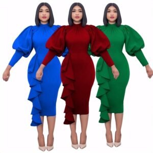 Autumn Spring Women's Ruffle Dress Solid Stand Neck Lantern Sleeve Vestidos Office Party Elegant African Women Dress