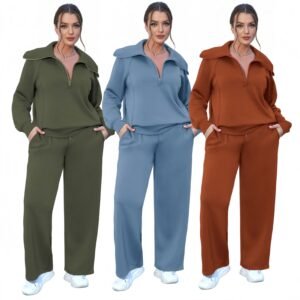 Autumn Winter Casual Sports Set Women Zipper Long Sleeve Sweats Top Wide Leg Pants Two Piece Set