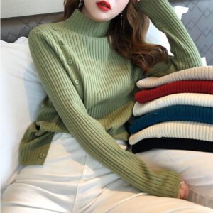 Autumn Winter Turtleneck Sweaters Women Pullover Fashion Long Sleeved Button Knitted Top Ladies Slim Casual Sweaters