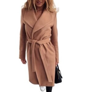 Autumn Winter Women Lapel Collar Solid Color Long Coat Woolen Long Sleeve Cardigan Slim Lady Clothes Elegant Casual Coat