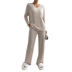 Autumn-Winter Women's Sets New Fashionable Two-Piece Casual Straight Leg Pants and Loose V-Neck Knit Solid Suit