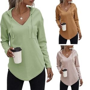 Autumn Women V Neck Solid Color Blouses Casual Waffle Knit Shirts Plain Long Sleeve Pocket Sweatshirt For Women