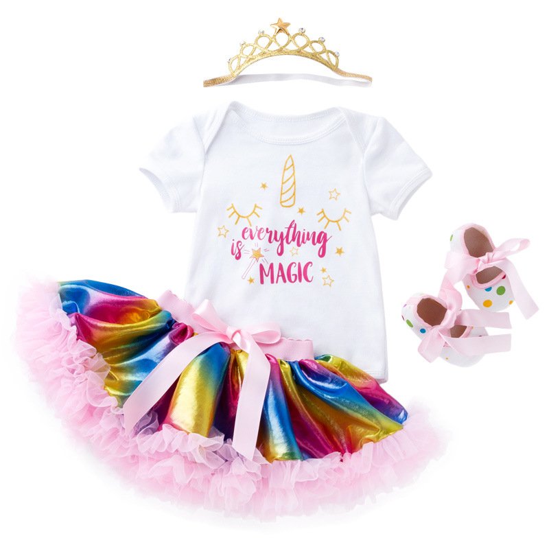 Baby Girl Unicorn Romper Set Tutu Headband 3Pcs Skirt Set Infant Newborn First Birthday Romper 1year Birthday Dress Romper
