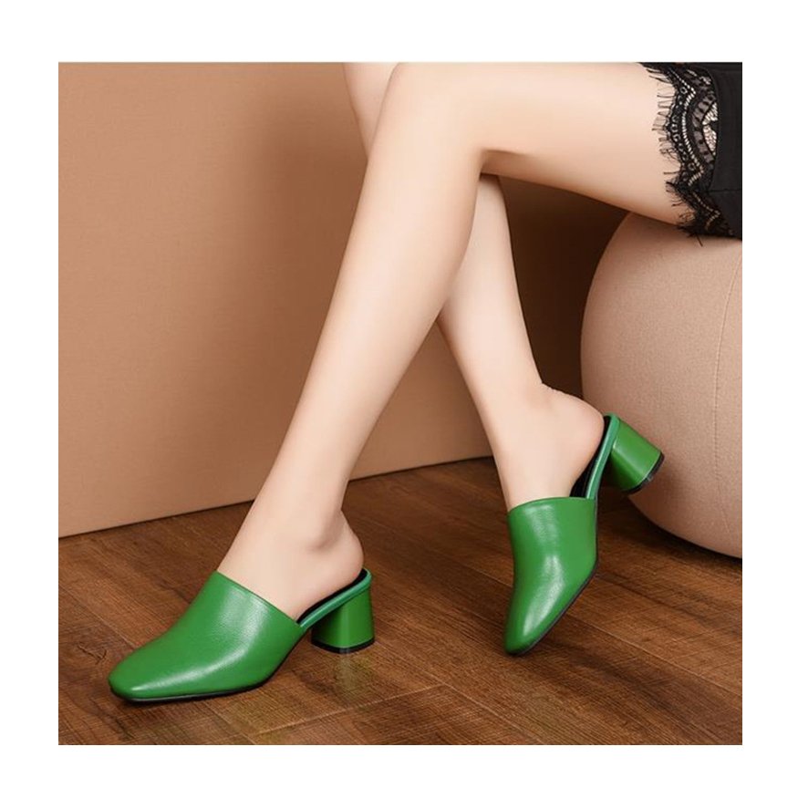 Baotou half slippers spring and summer new green high heels solid color square head thick with sandals