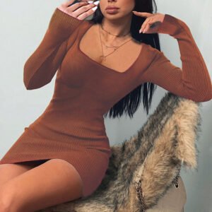 Bodycon Dresses Skinny Tights Ribbed Plus Size Square Collar Sexy Dress For Party Clubwear