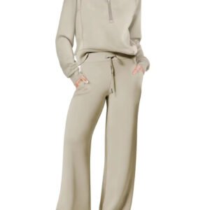 Casual half zip set for women wide leg sweatpants set solid color two piece loungwear