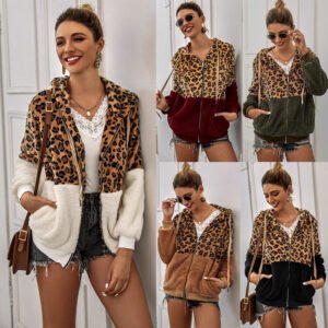 Casual leopard jacket hoodies women long sleeve winter jacket with zipper warm coat