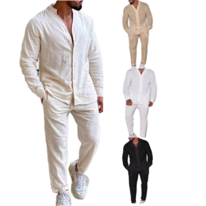 Casual linen man set long sleeve shirt and pants set solid color tracksuit men custom logo blank suit