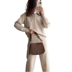 Casual Style Women's Sweater Set for Autumn / Winter V-Neck Lapel Knitted Top Loose Rolled Edge Wide-Leg Pants 2 pice women se