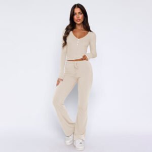 Casual women tracksuit custom long sleeve loungewear women sets v neck fall suit blank 2 piece long pant set