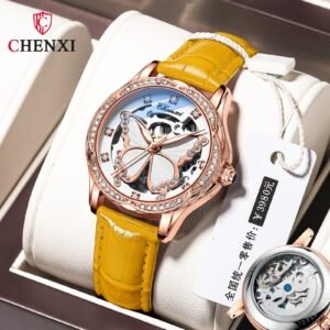 CHENXI Women Automatic Mechanical Watch Luxury leather strap Mechanical Watches Ladies Clock Steel Waterproof WristWatches