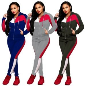 Contrasting Color Women Casual Tracksuit Long Sleeve Zipper Hoodie Coat + Pencil Pants Autumn Spring Lady Fashion Two Piece Set