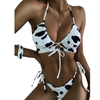 Cow Print Two-piece Bikini Sets Women's Beachwear e Lace-up Bra Low Waist Thong Briefs Swimsuit Set Female Bathing Suits