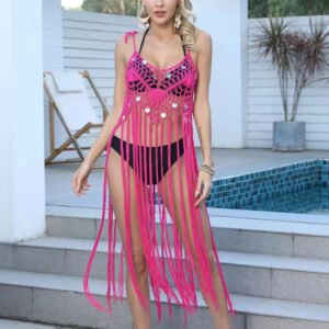 Crochet Beach dress sequined patchwork handhook suspender skirt vacation long tassel bikini cover ups