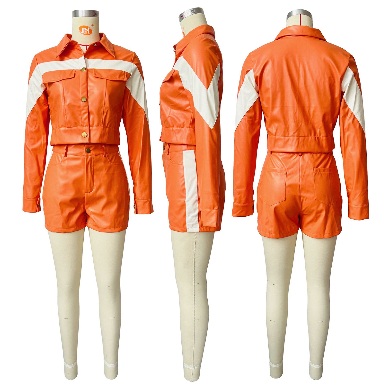 crop jackets women two piece pu faux leather fashion ladies outfits biker shorts sets spring summer street wear clothing