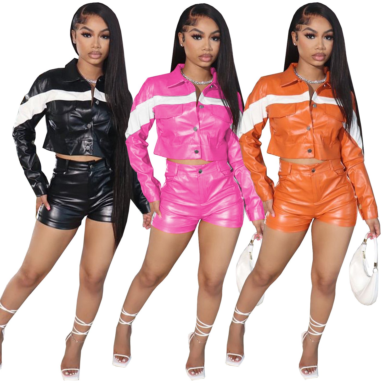 crop jackets women two piece pu faux leather fashion ladies outfits biker shorts sets spring summer street wear clothing