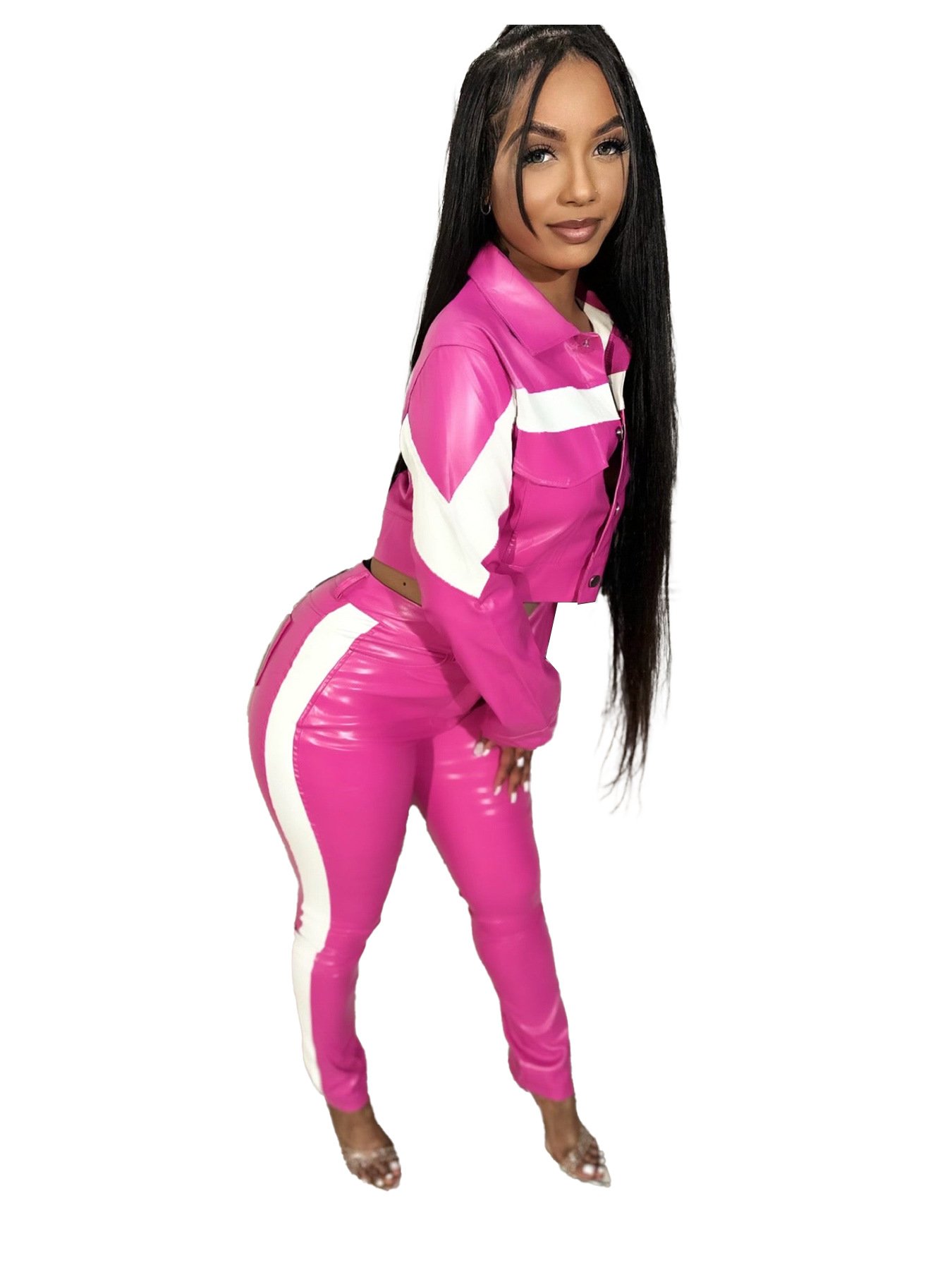 crop jackets women two piece pu faux leather fashion ladies outfits long pants sets spring fall street wear clothing