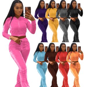 custom cropped blank hoodies flared pants plus size fall clothing velvet set women two piece track wholesale crop hoodie sets