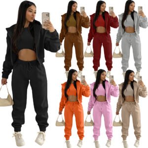 Custom logo high-quality sports hoodie vest pants three-piece set solid color zipper women's hoodie